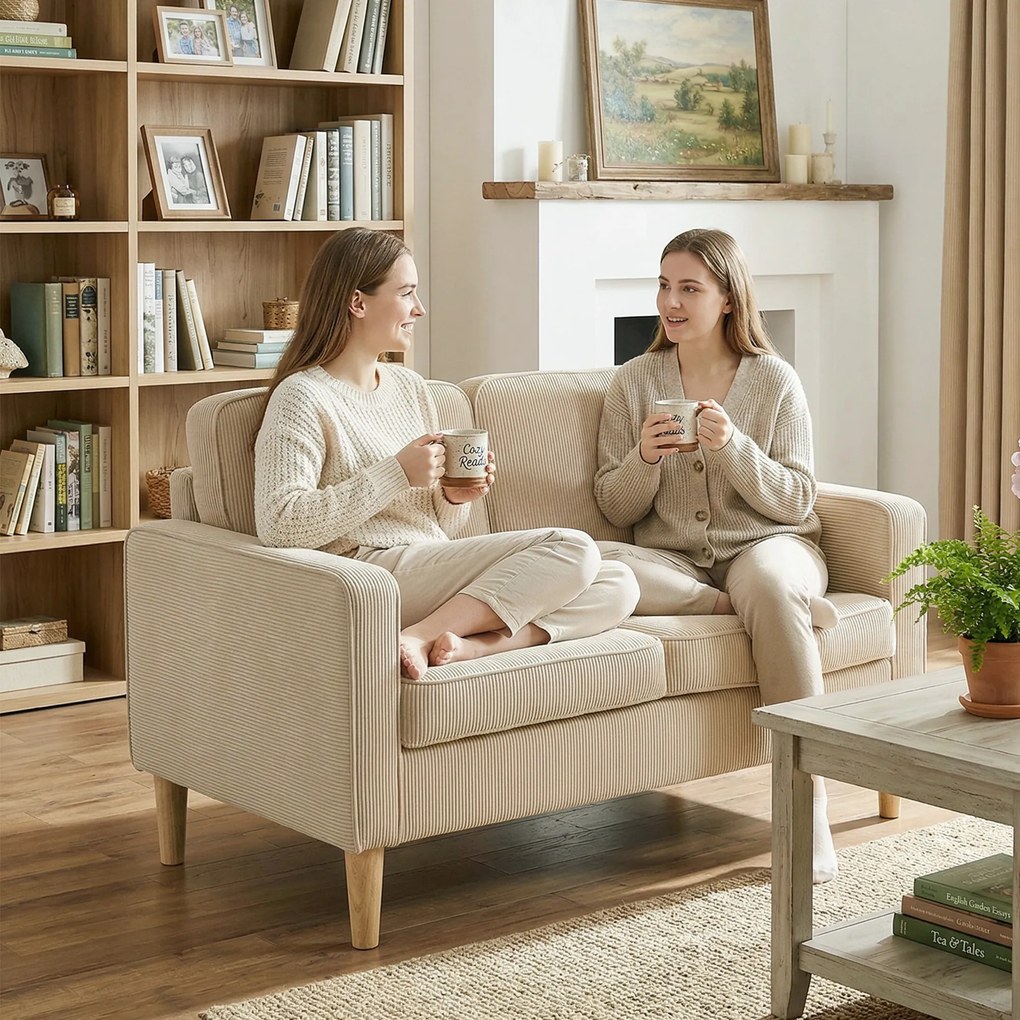 HOMCOM Sofa 2-osobowa z 2 poduszkami dekoracyjnymi, schowek nogi z litego drewna Mała nowoczesna dwuosobowa kanapa sztruks 117 x 63 x 79 cm Beżowy | Aosom PL