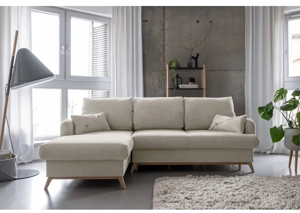 Beżowy rozkładany/ze schowkiem narożnik (lewostronny/z szezlongiem) Scandic Lagom – Miuform