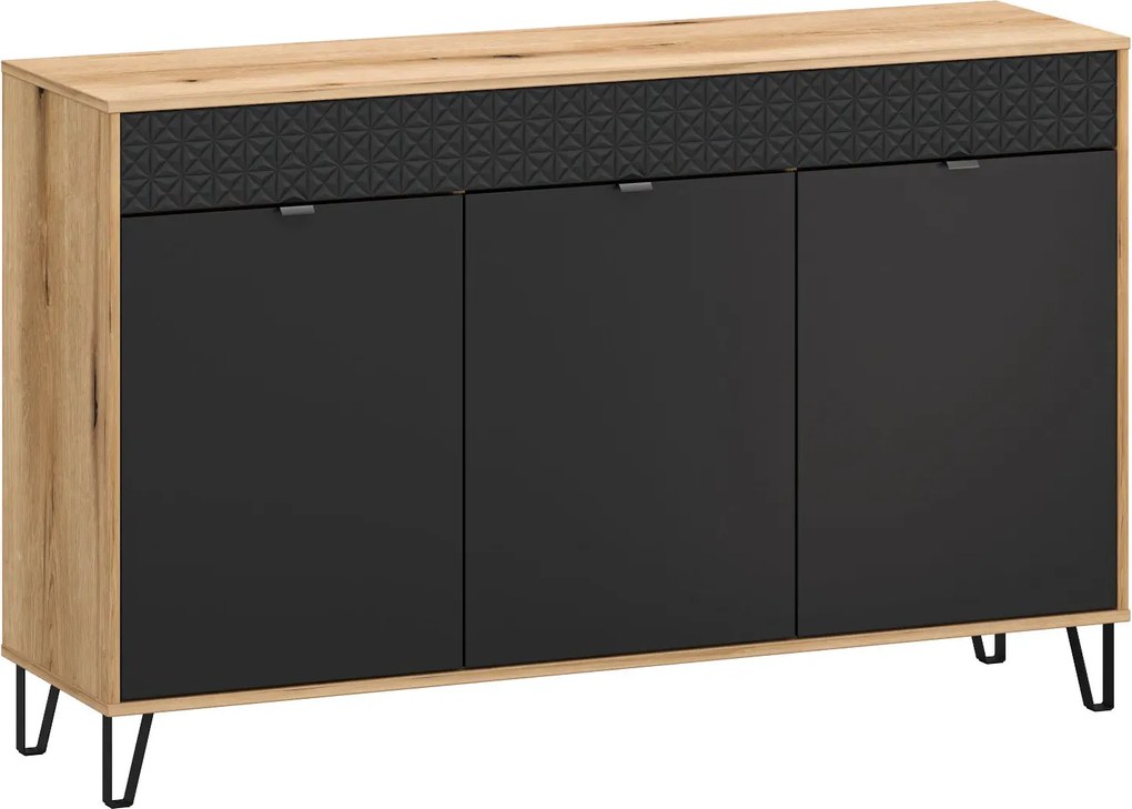 Komoda trzydrzwiowa na nóżkach dąb evok + czarny P7-M65