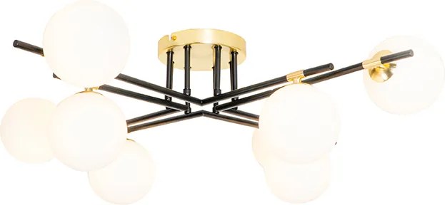 Plafon art deco czarny ze złotem i opalowym szkłem 8-świateł - Lynn