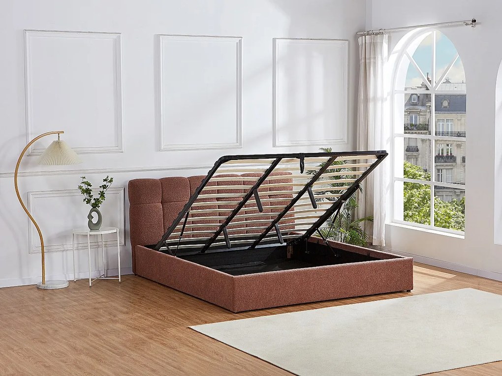 Łóżko ze skrzynią  180 x 200 cm - Tkanina z bukli  - Terakota - MAZIRI