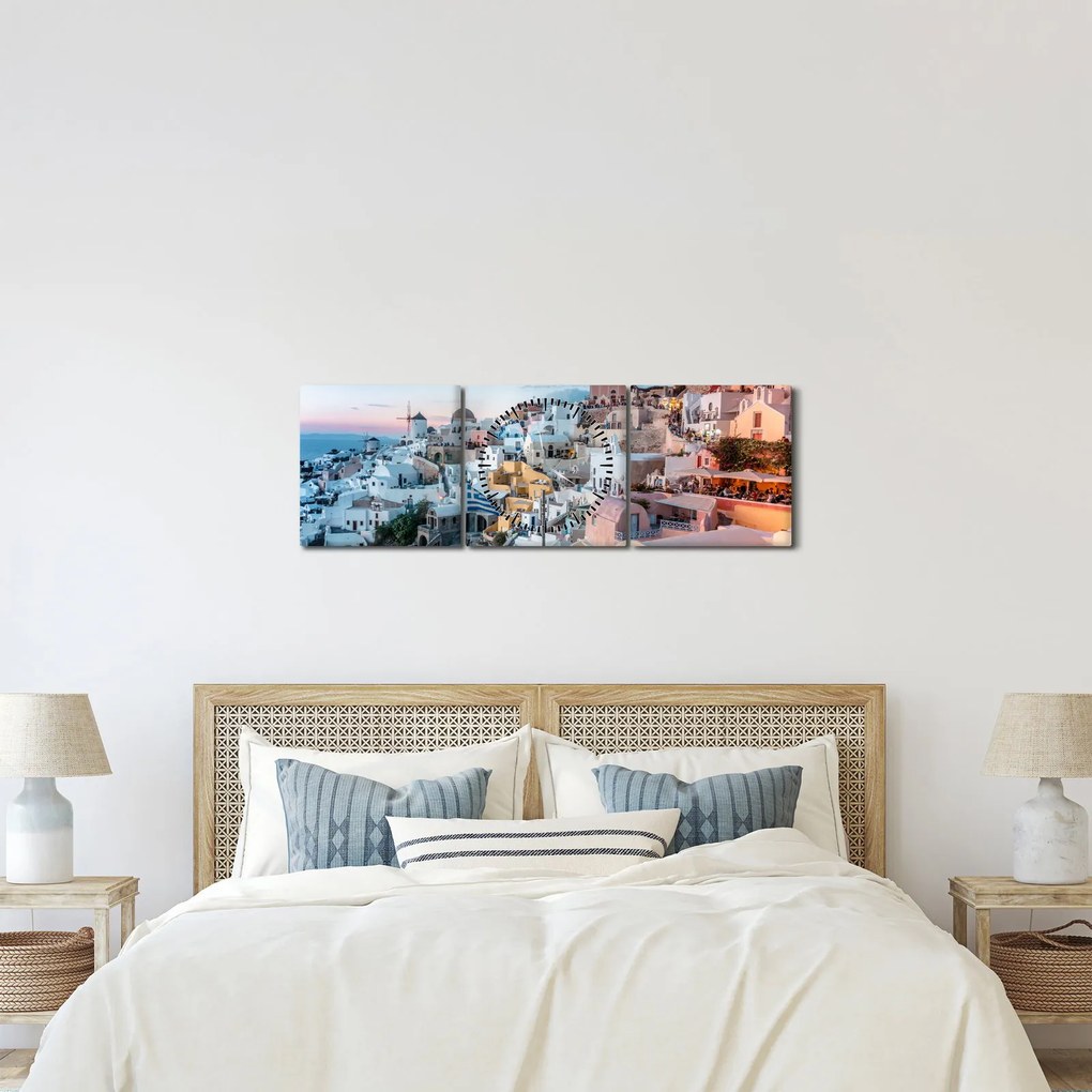 Obraz - Zmierzch na Santorini (z zegarem) (90x30 cm)