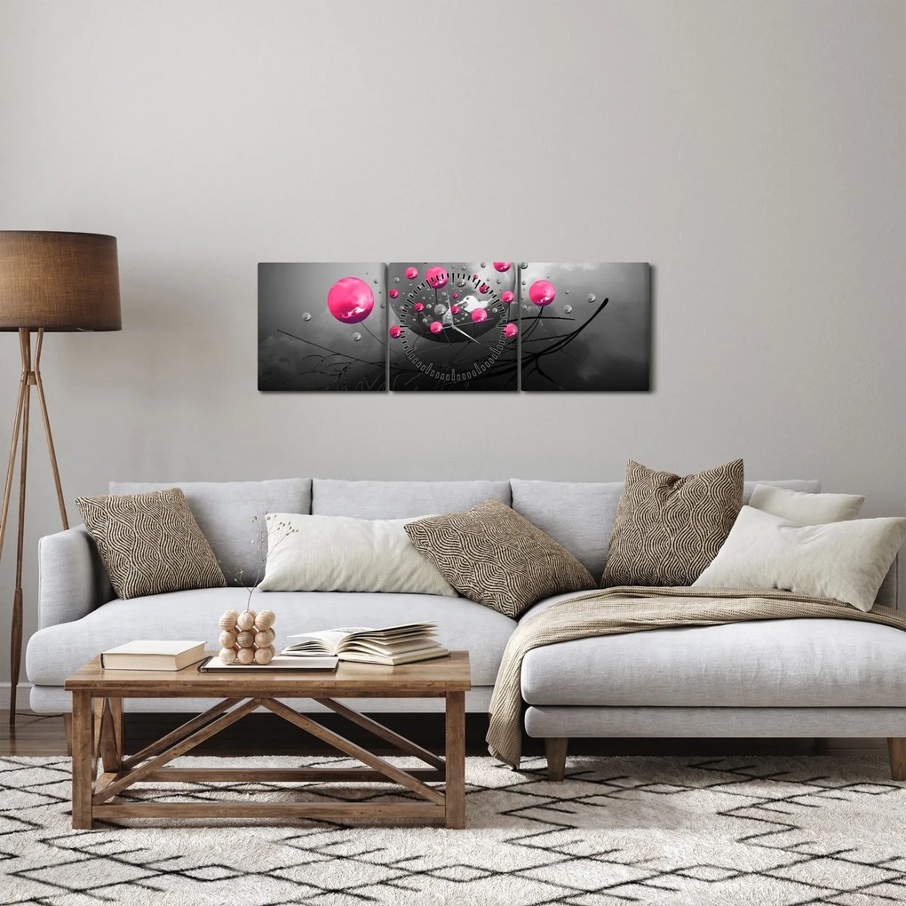 Obraz różowych abstrakcyjnych kul (z zegarem) (90x30 cm)