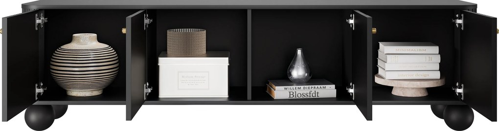 Szafka RTV Vesper 4D 187 cm - czarny / złote uchwyty / nogi kule