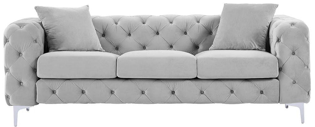 Kanapa Chesterfield 3-osobowa z weluru jasnoszara – EDWINA