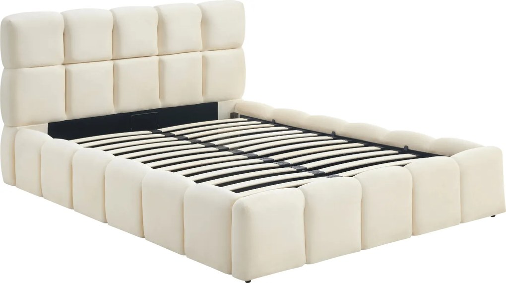 Łóżko Tapicerowane 140x200 cm MURCJA ze Stelażem i Pojemnikiem Dwuosobowe Welurowe Kremowe