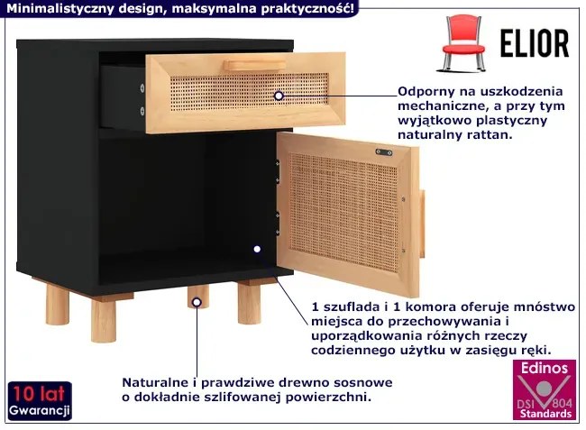Czarna szafka nocna z naturalnym rattanem - Lucda 3X
