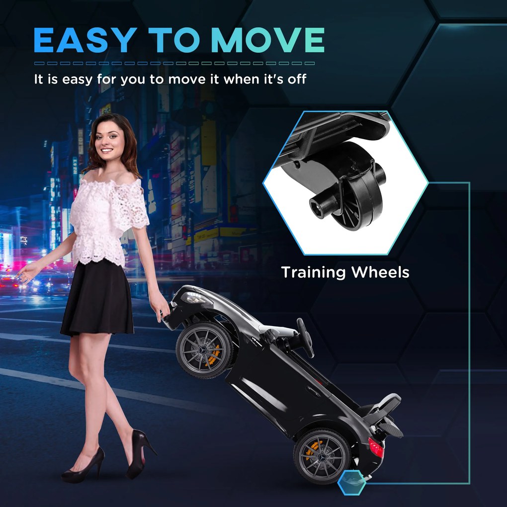 AIYAPLAY Elektryczny samochód dla dzieci Mercedes, 3-5 km/h, pilot, światła i muzyka, Czarny