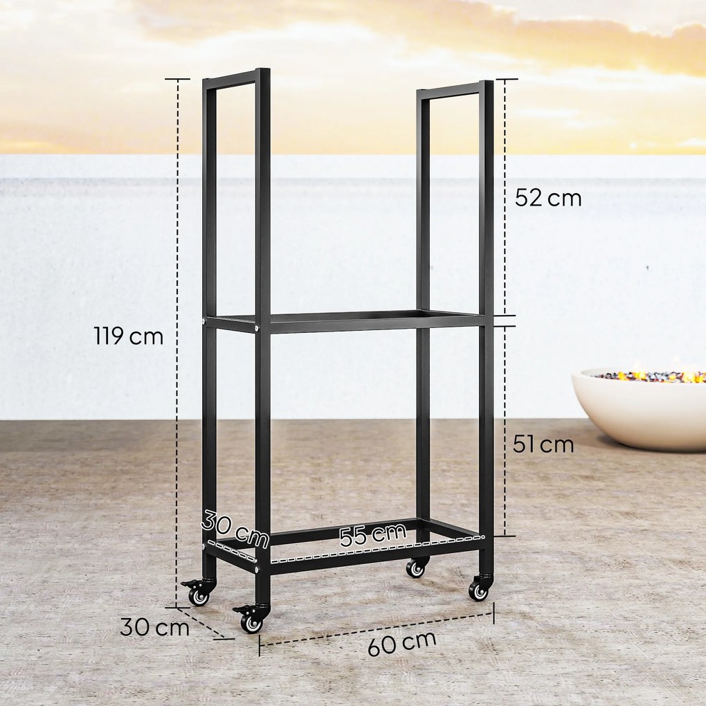 Outsunny Regał na drewno kominkowe do wnętrz Stal 60 x 30 x 119cm 2 poziomy z kółkami Czarny