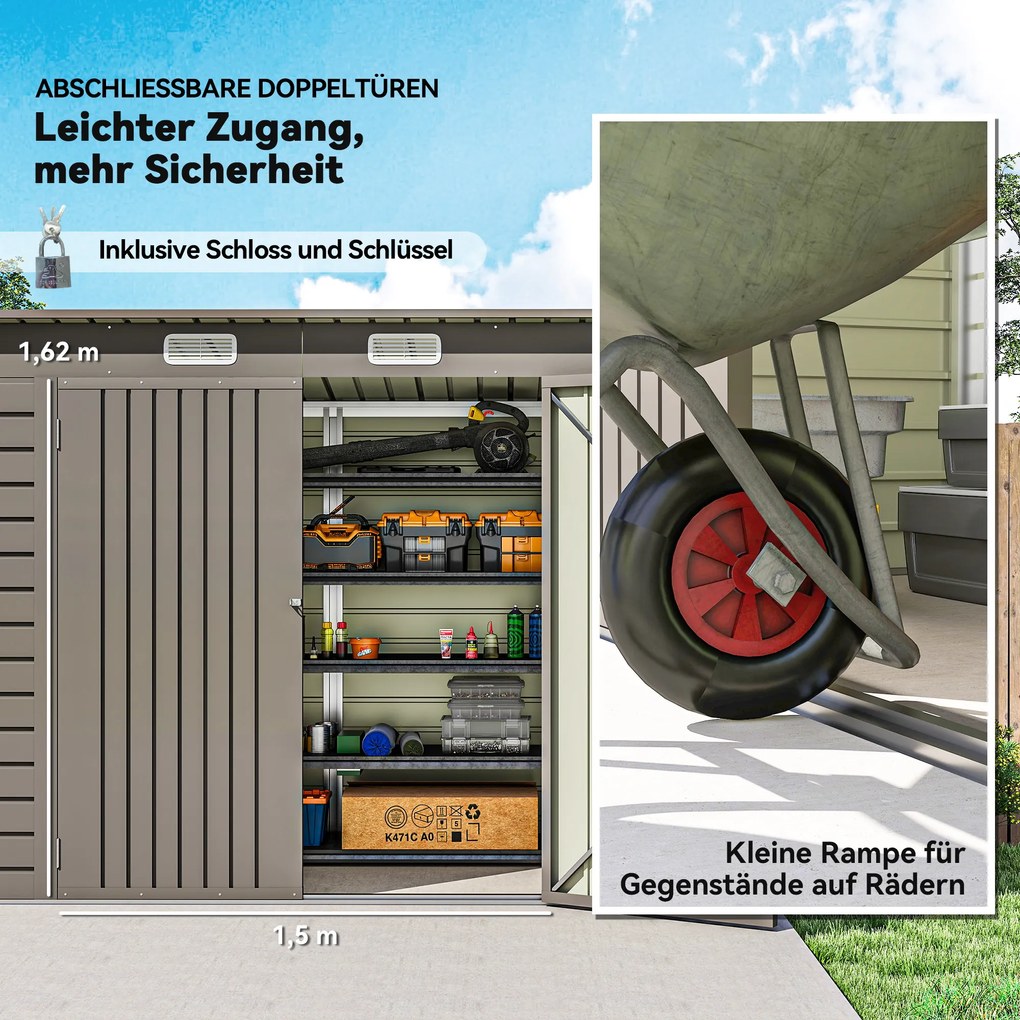 Outsunny Metalowy domek ogrodowy, domek na narzędzia, podwójne drzwi, 249 x 121 x 166/183cm, jasnoszary | Aosom PL