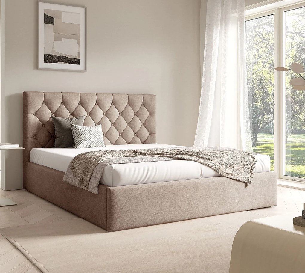 Jasnobrązowe łóżko z pojemnikiem na pościel 3 rozmiary S6-Z04