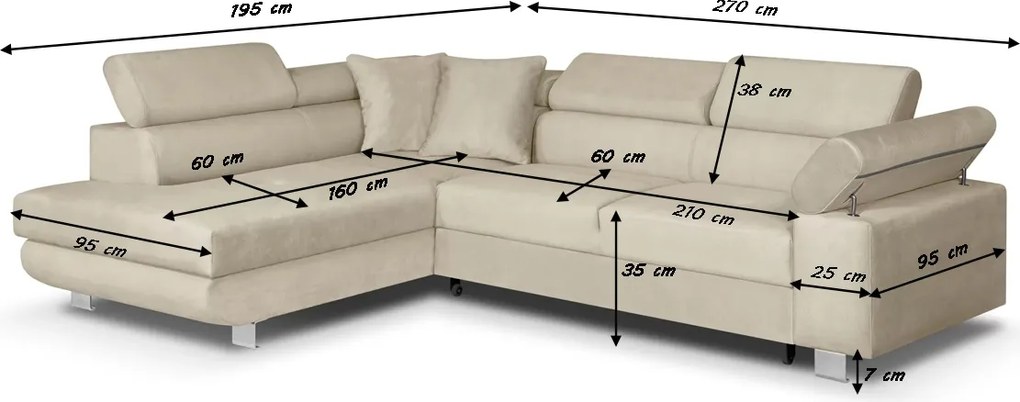 Narożnik z funkcją spania sprężyny faliste CREDO lewy Beżowy/Czarny