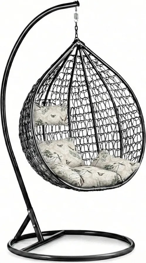 Czarny wiszący fotel KOKON ze stojakiem, beżowa poduszka