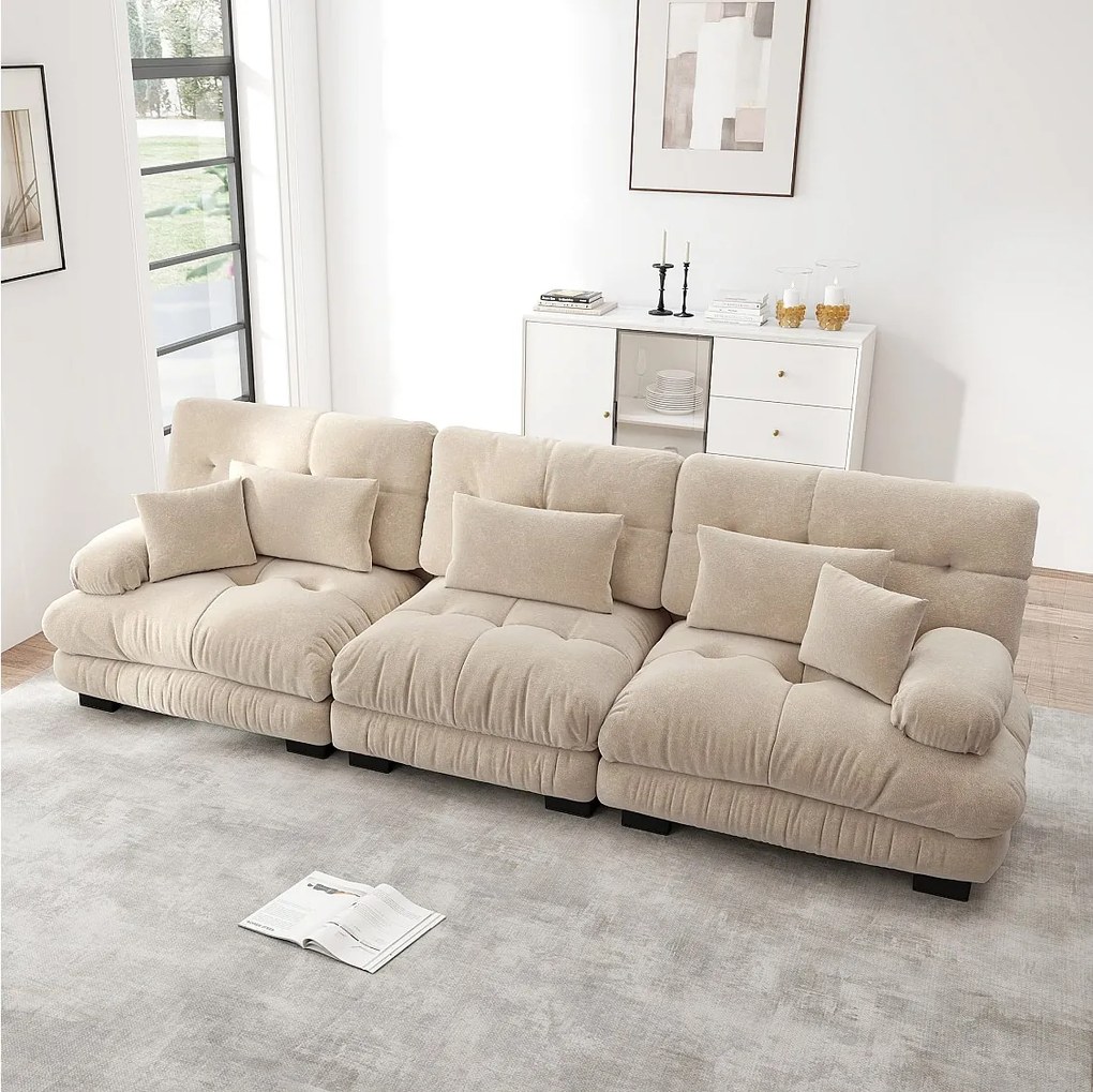 Beżowa sofa 3-osobowa - sofa prosta z 3 poduszkami lędźwiowymi i 3 poduszkami dekoracyjnymi - szenil