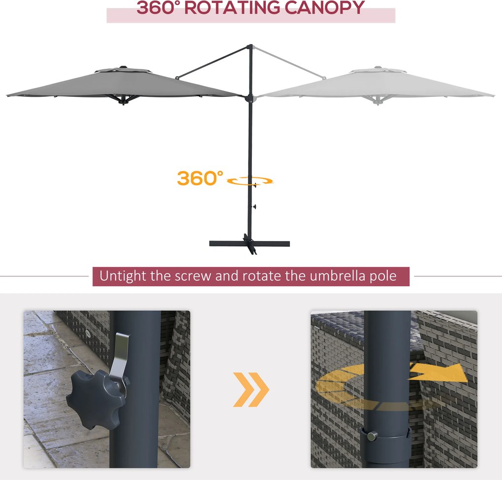 Outsunny Parasol Ogrodowy 3m Korba Regulowany Obrotowy Metal Ciemnoszary | Aosom PL