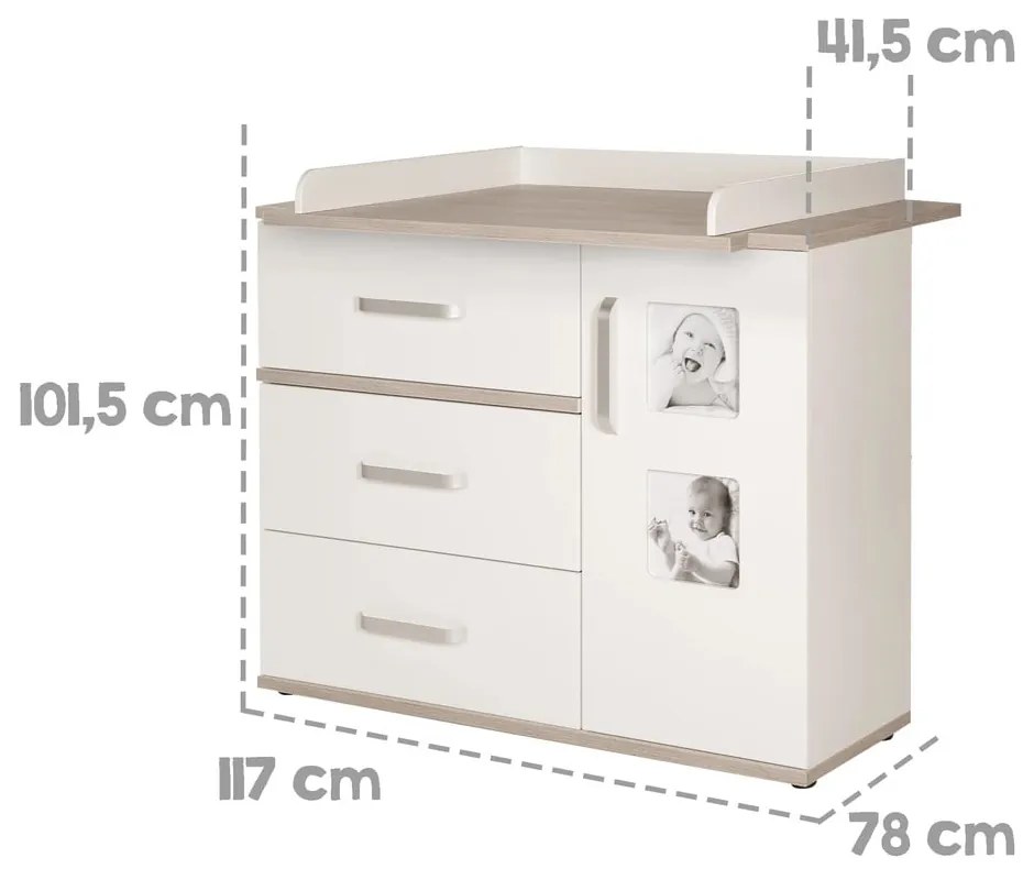 Biała niska komoda dziecięca w dekorze wiązu z przewijakiem 117x102 cm Moritz – Roba