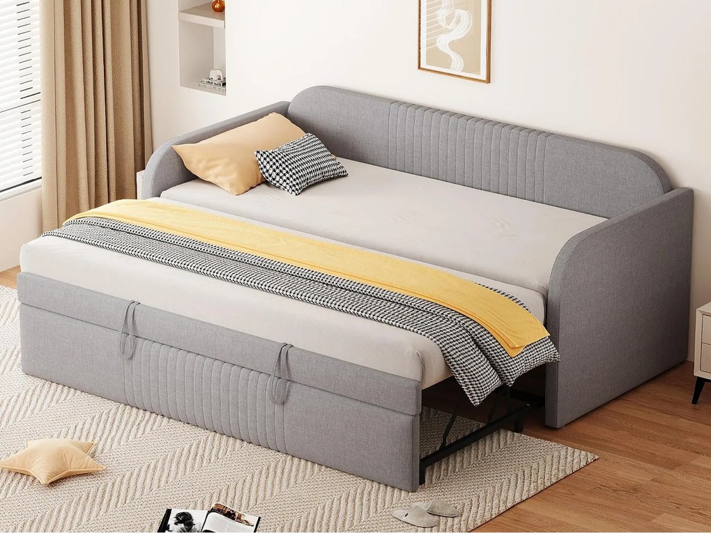 Łóżko wysuwane 90/180x190 cm - Sofa z funkcją spania z tkaniny lnianej - Ze stelażem listwowym - Jasnoszare