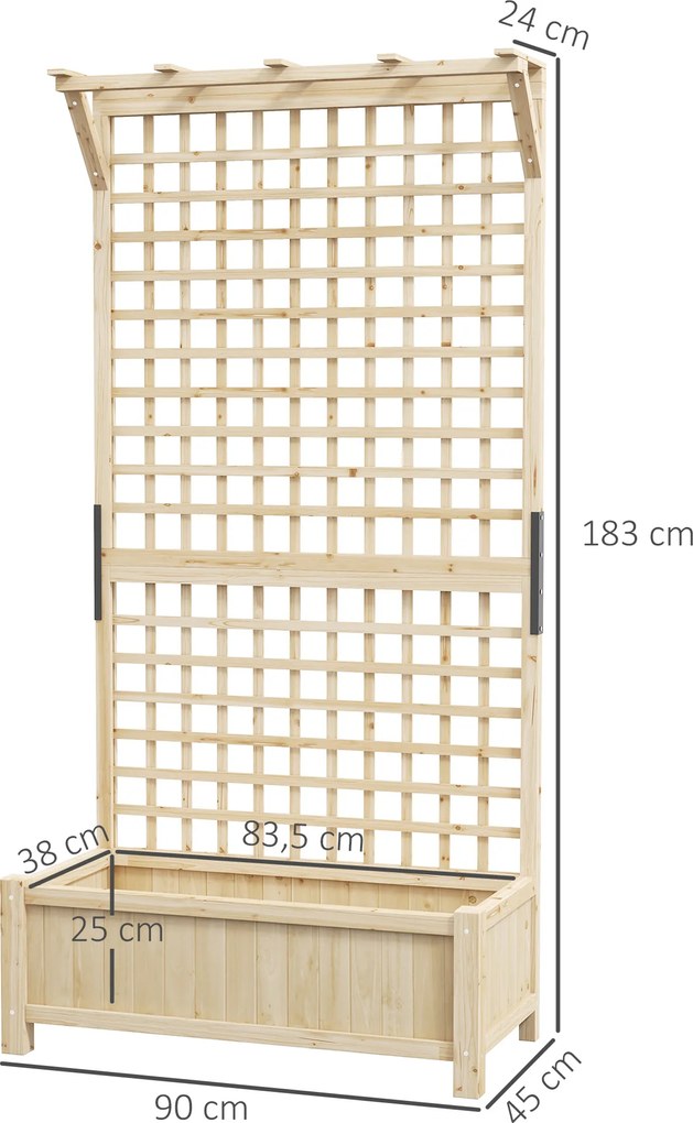 Outsunny Podwyższana grządka z kratą i daszkiem, skrzynia do sadzenia, rabata na kwiaty, odporna na warunki atmosferyczne, drewno, 90 x 45 x 183 cm, naturalne drewno | Aosom PL