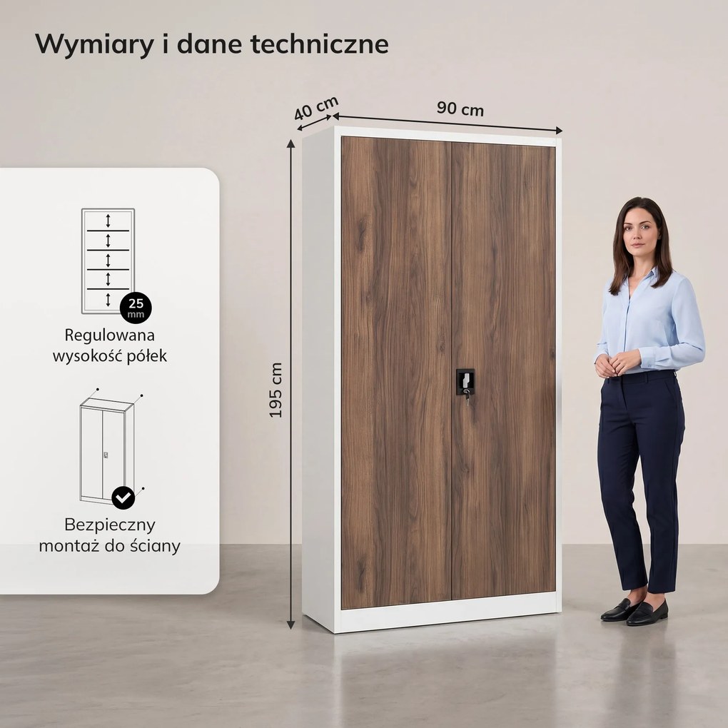 Szafa biurowa metalowa wysoka na dokumenty biała/orzech, 900x1950x400 mm: JAN H Eco Design