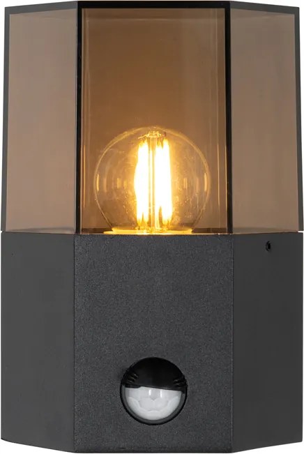 Lampa ścienna zewnętrzna czarna z przydymionym szkłem sześciokątnym i czujnikiem ruchu - Denmark
