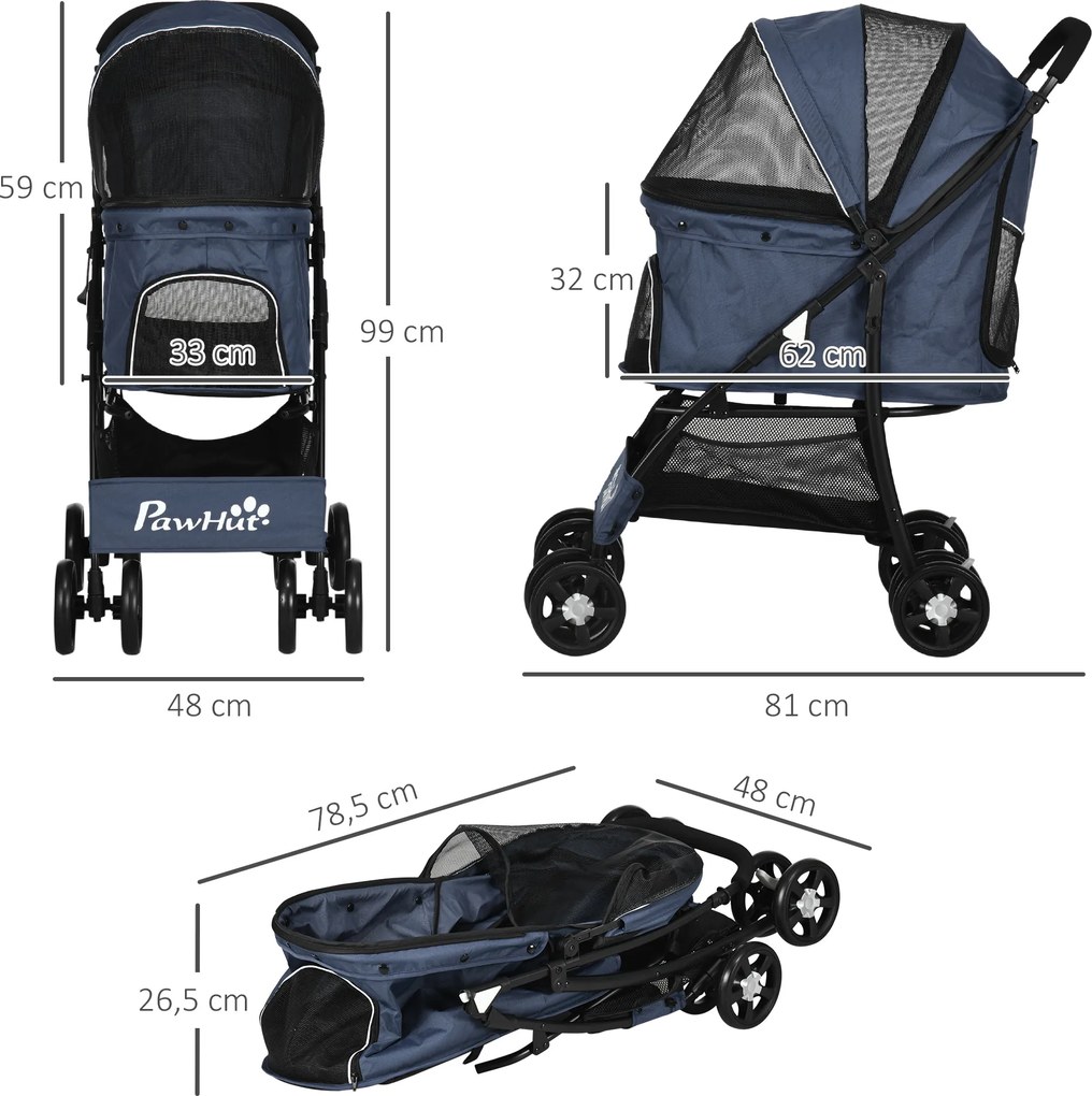 Outsunny Wózek dla Psa Składany 1 Koszyk Poduszka Kieszeń Granatowy | Aosom PL