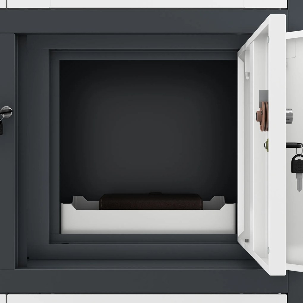Szafa biurowa metalowa z sejfem, szklane drzwi, antracytowo-biała, 900x1850x400 mm: FILIP