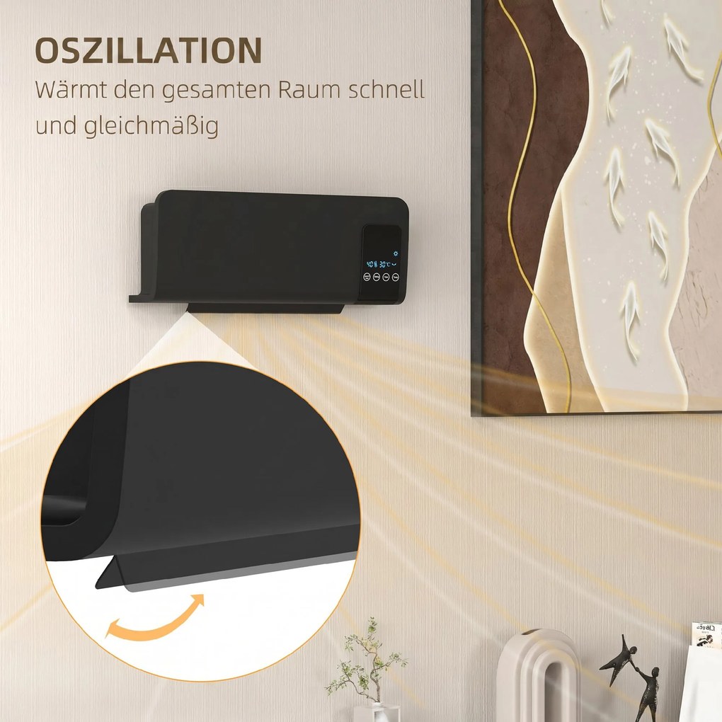 HOMCOM Elektryczny grzejnik, montaż ścienny, funkcja oscylacji, 2 tryby, timer, wyświetlacz LED, czarny | Aosom PL