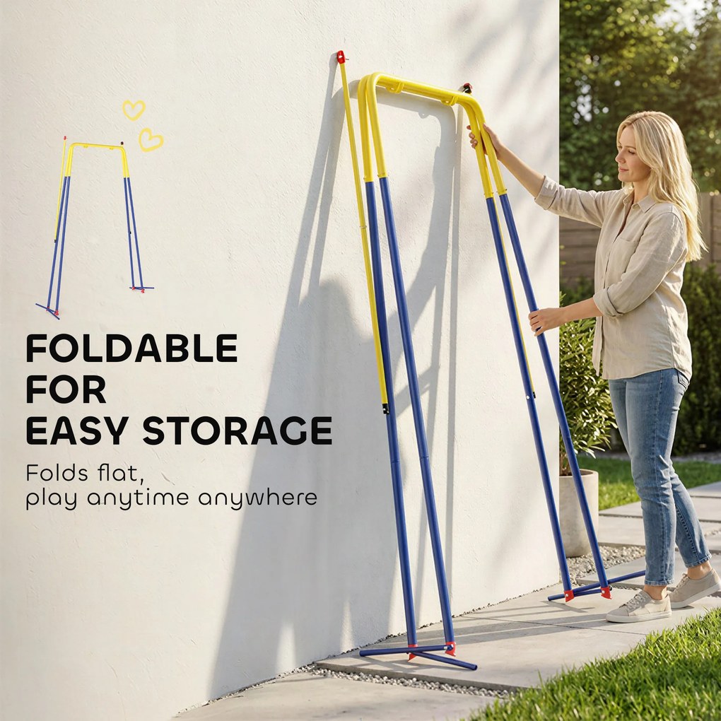 AIYAPLAY Składany stojak na huśtawkę, z ramą w kształcie litery A, 2 haki, 4 kotwy gruntowe, dla dzieci od 9 miesięcy do 8 lat, 128x155x157 cm, niebieski | Aosom PL