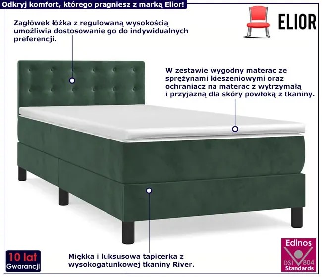 Zielone kontynentalne łóżko z materacem 90x200 - Lisila 4X
