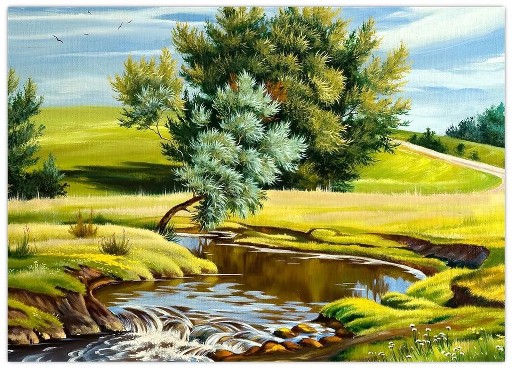 Obraz - rzeka między łąkami, obraz olejny (70x50 cm)