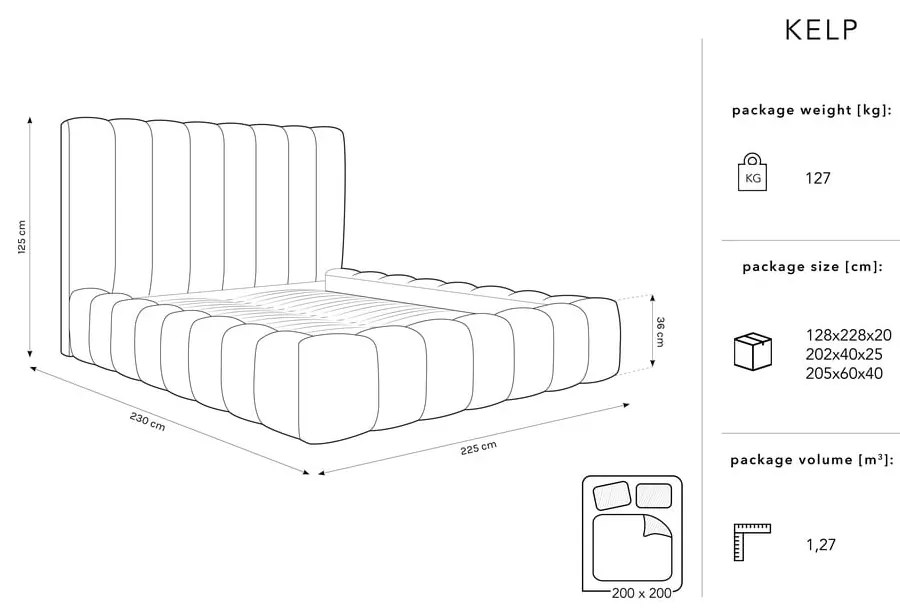 Szare tapicerowane łóżko dwuosobowe ze schowkiem i stelażem 200x200 cm Kelp – Micadoni Home