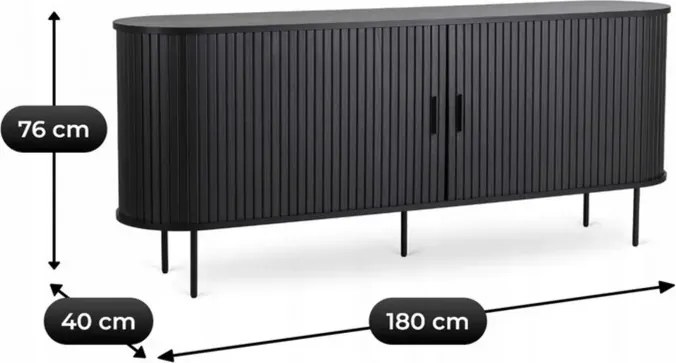 Komoda do Salonu Rozsuwana TRISH 180 cm Czarna Dwudrzwiowa Ryflowana Nowoczesna
