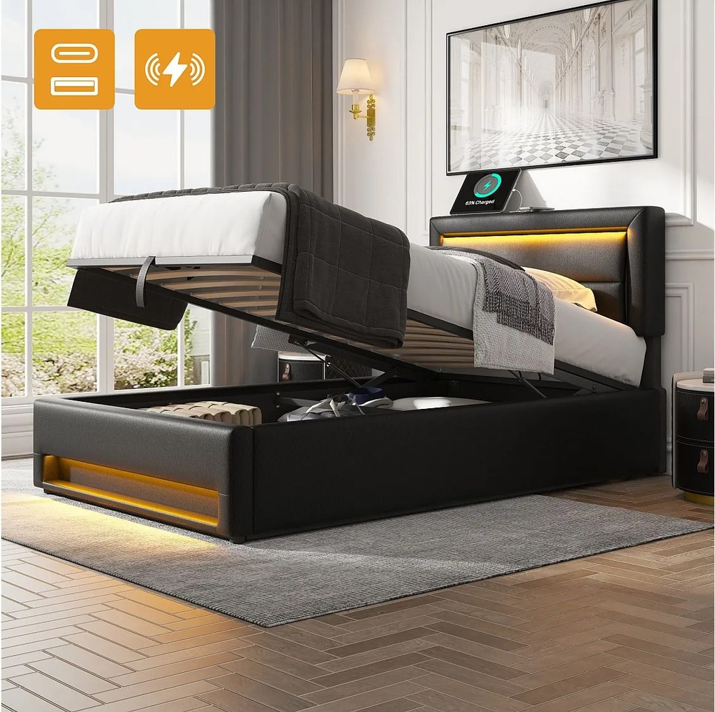 Łóżko z pojemnikiem 90 x 190 cm i zagłówkiem - diody LED i gniazda USB - skóra ekologiczna - kolor czarny (bez materaca)