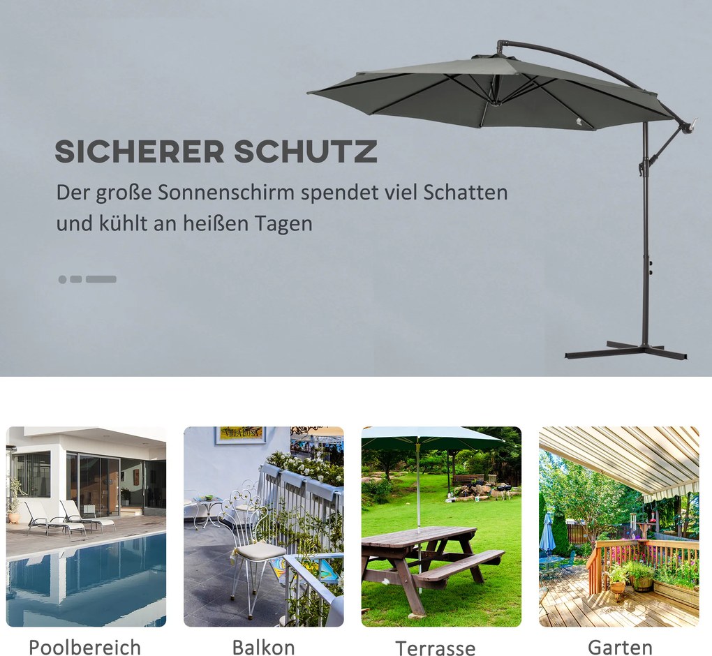 Outsunny parasol ogrodowy 3m z ręczną korbą szary stabilny i trwały idealny do ogrodu | Aosom PL