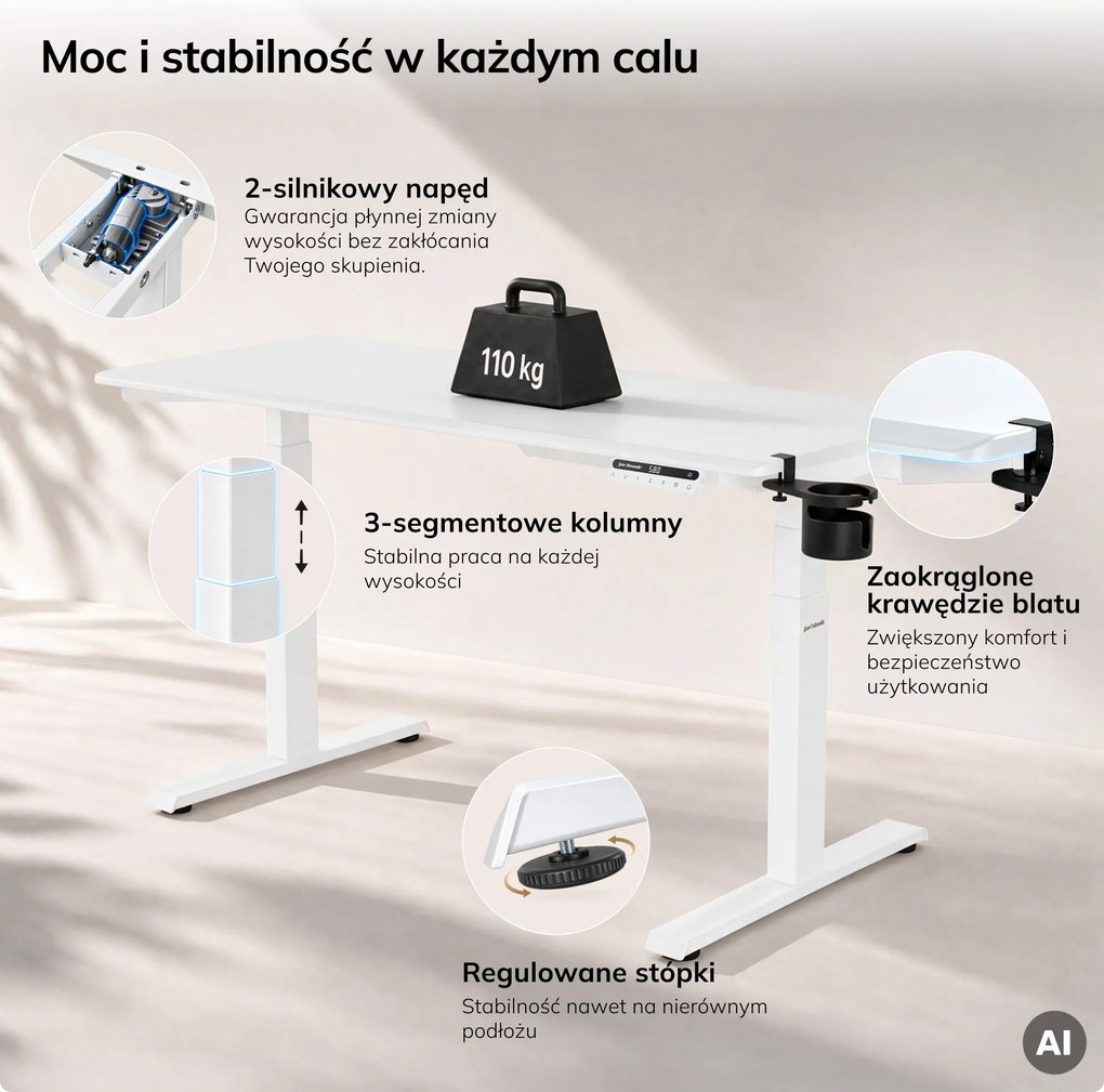 Biurko elektryczne z regulacją wysokości ergonomiczne białe,1400x700 mm: ARIA