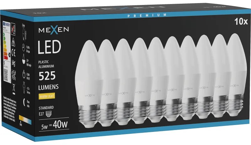 Mexen Nova 10x żarówka LED E27, C37, 5W, Ciepła - 3000K, 525 lm - L102-E27-0530-01x10