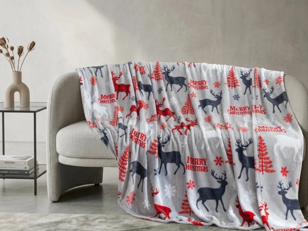 Świąteczny mikro pluszowy koc MERRY CHRISTMAS DEER szary Rozmiar: 200 x 220 cm