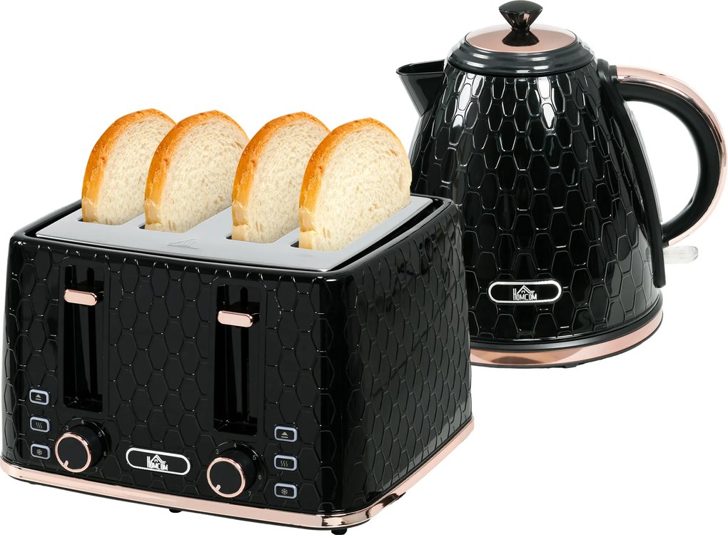 HOMCOM Zestaw kuchenny 2-w-1, toster i czajnik, kilka opcji, 1,7 L, 4 kromki jednocześnie, plastikowy, czarny