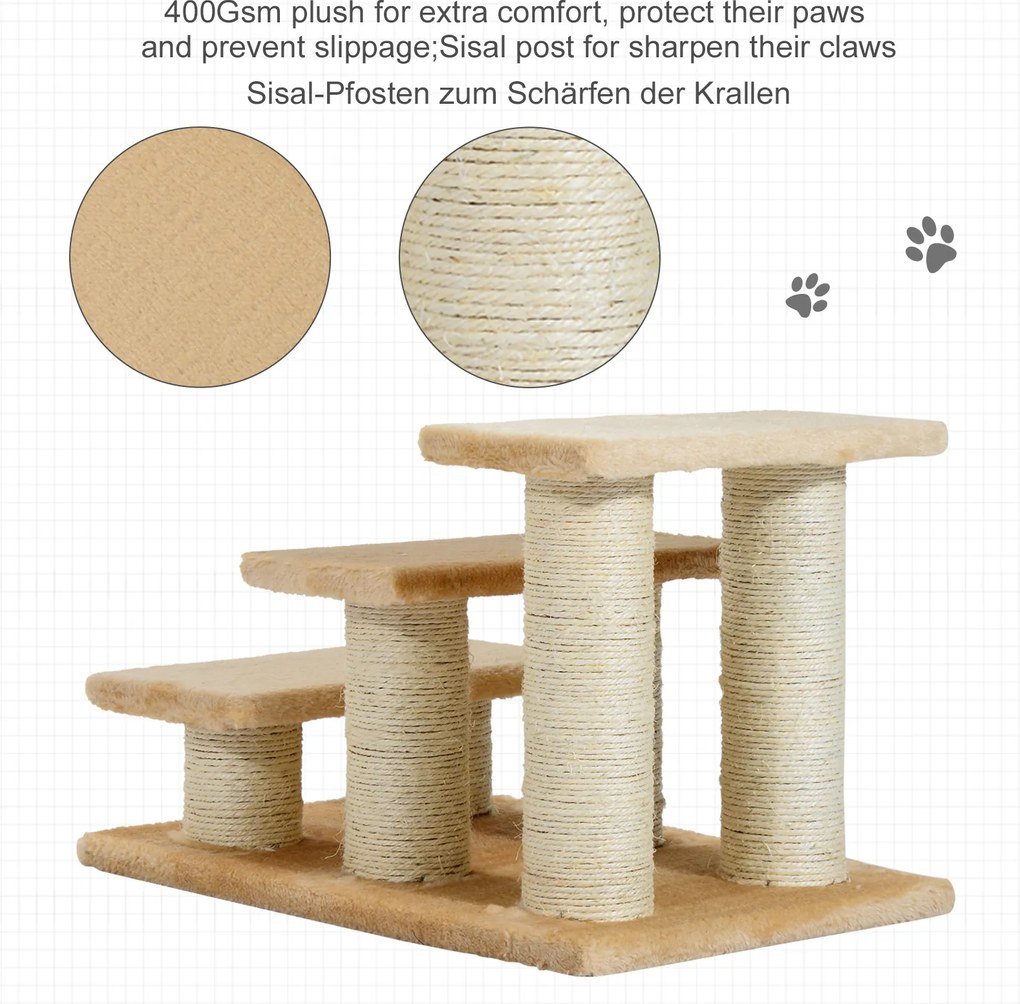 PawHut Drapak Schodki dla Kota Psa 3 Stopnie Beżowe 45x35x34cm Stabilne i Bezpieczne | Aosom PL