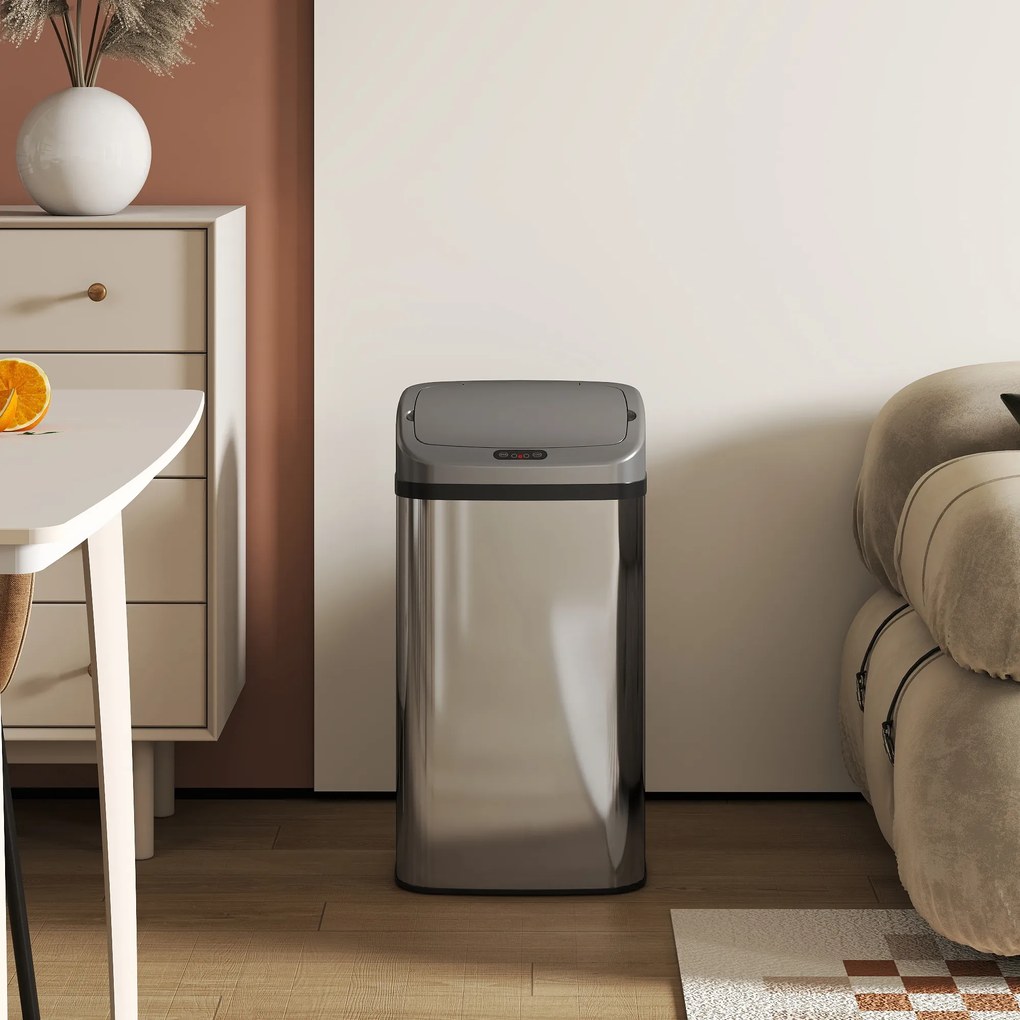 HOMCOM Kosz na śmieci 48 L z czujnikiem do kuchni lub biura, automatyczne zamykanie, stal nierdzewna, srebrny