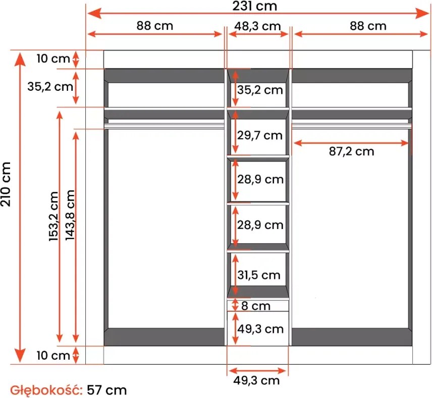 Szafa 5-drzwiowa Arion 231 cm z lustrem, biała z frontami Kathult szarymi, półki, szuflada i drążki