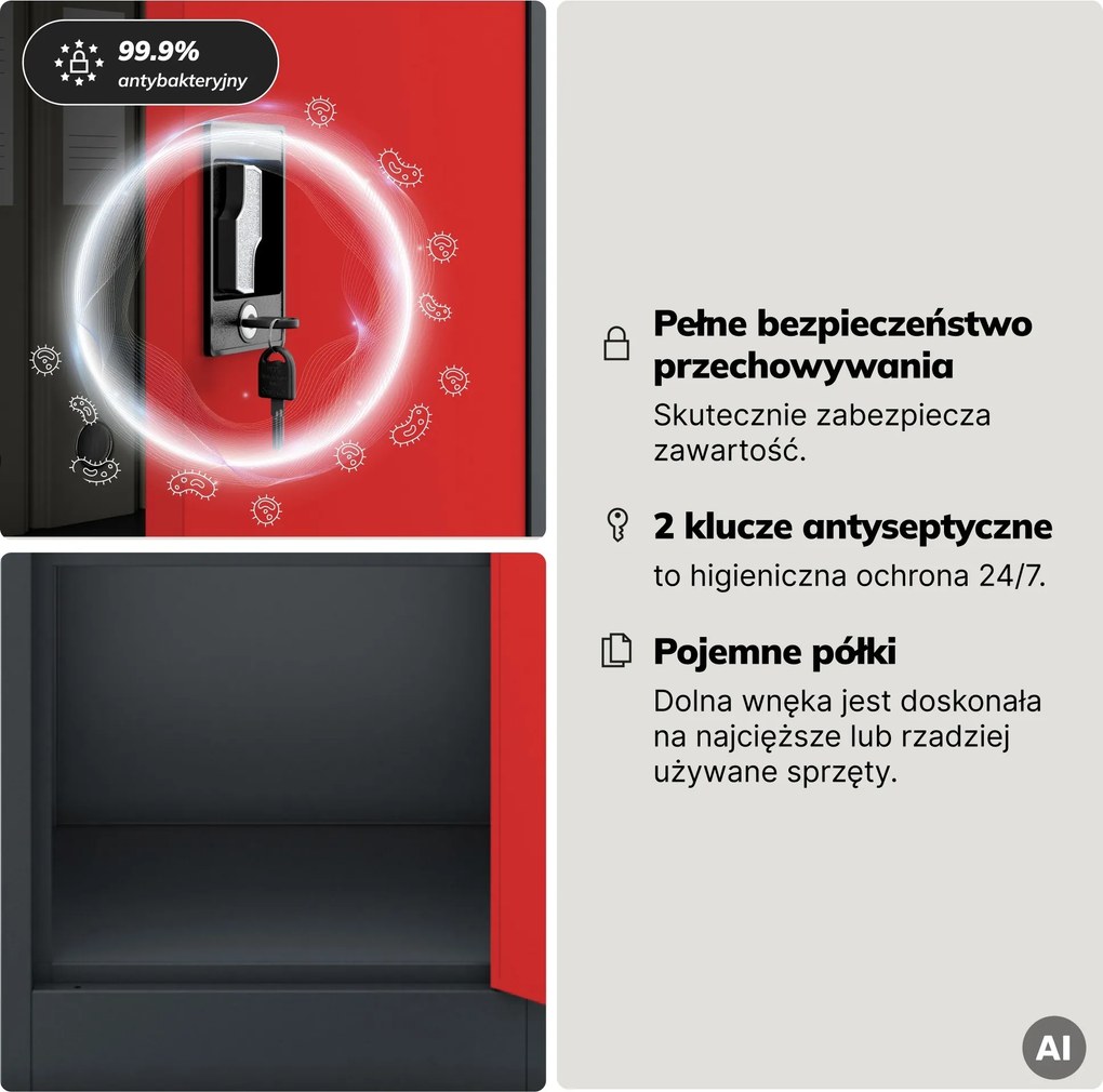 Szafa na akta kartotekowa na klucz antracytowo-czerwona, 450x1850x400 mm: ALEX