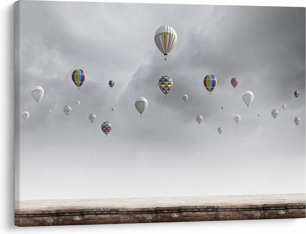 Obraz - Balony nad ceglaną ścianą (70x50 cm)