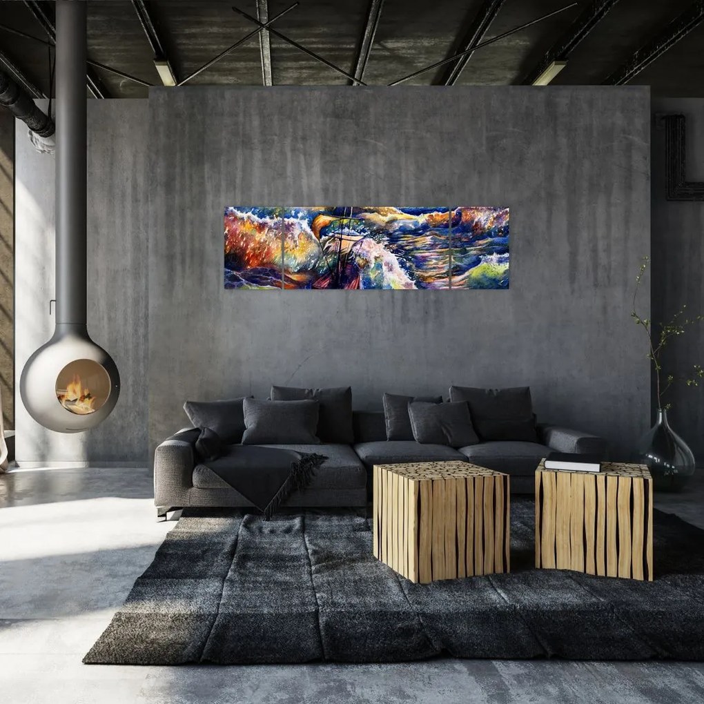 Obraz - Statek na falach oceanu, akwarela (170x50 cm)