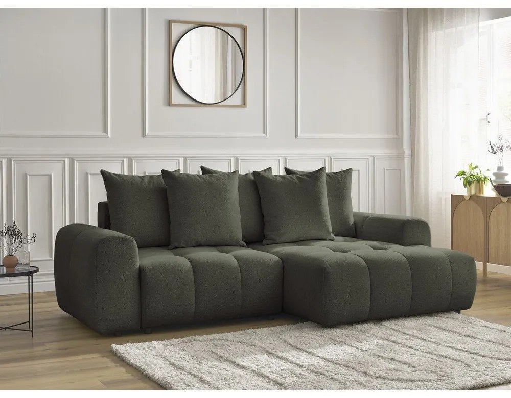 Rozkładany narożnik z tkaniny szenilowej ze schowkiem (prawostronny/z szezlongiem) w kolorze khaki Roxelane – Bobochic Paris