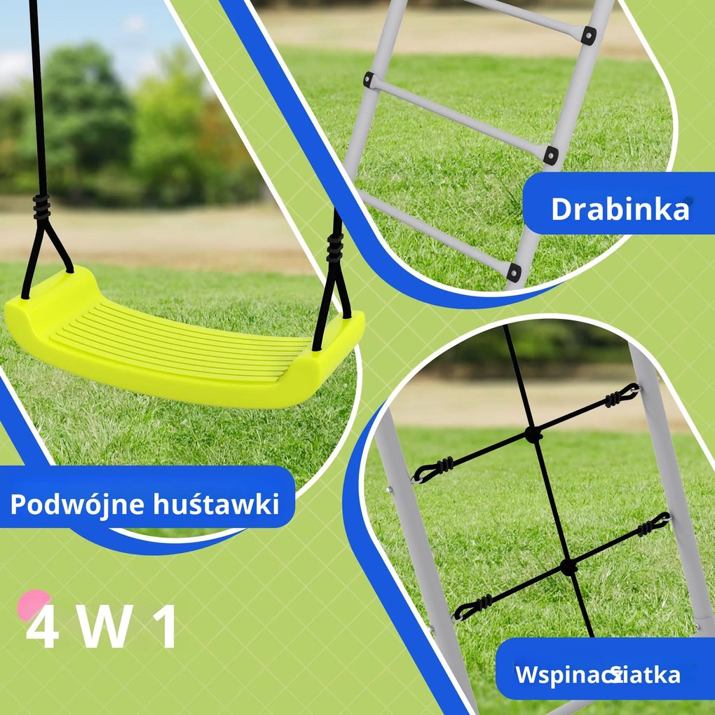 Outsunny Zestaw huśtawek dla dzieci z siatką do wspinaczki i drabinką, dla dzieci 3-8 lat, konstrukcja ze stali, Zielony
