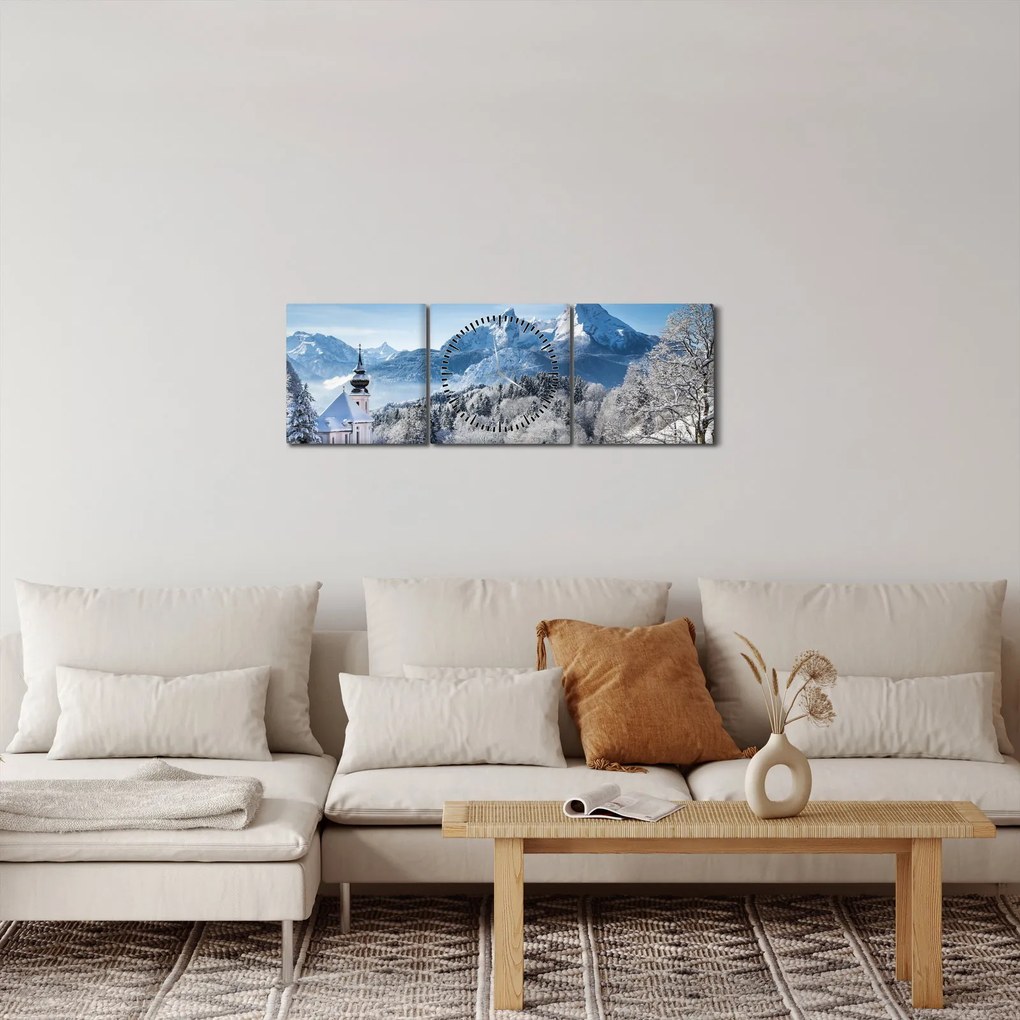 Obraz - Rzut oka na zimowy krajobraz (z zegarem) (90x30 cm)
