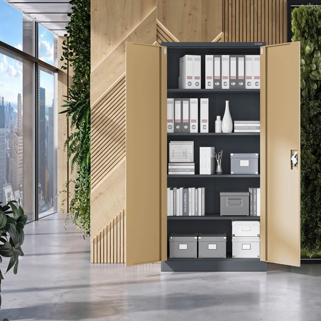 Szafa biurowa metalowa wysoka na dokumenty antracytowa/orzech, 900x1950x400 mm: JAN H Eco Design
