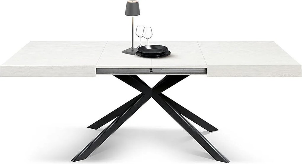 Stół drewniany, wykończenie białe, podstawa w kształcie litery X z antracytowego metalu, 180×90–260×90 - CAMAIORE