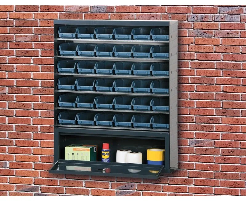 Szafki z plastikowymi pojemnikami i szufladą, 36 boksów